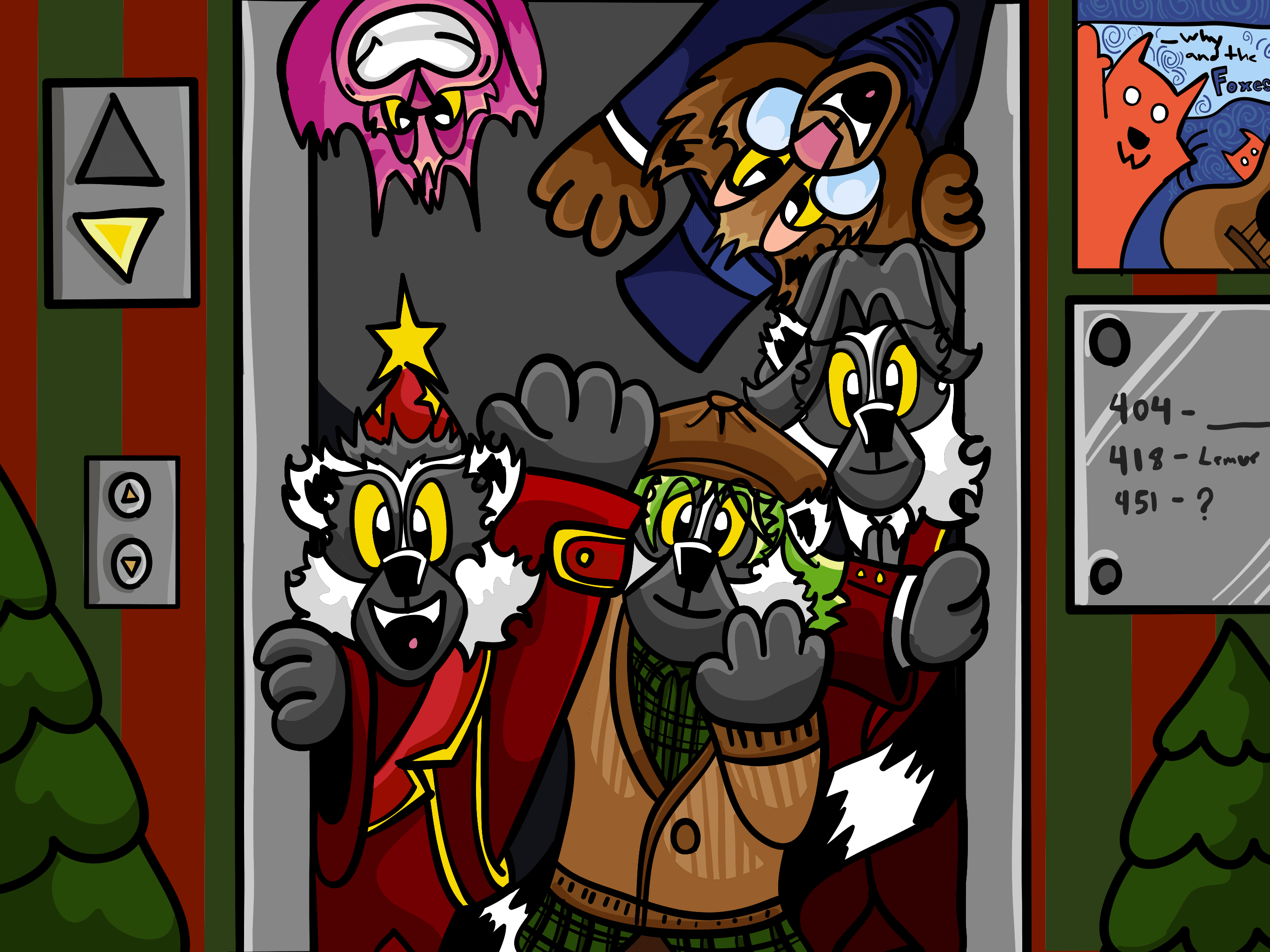 The lemurs are all waving goodbye, Escher and Indigo are upside down for some reason, and there's a strange picture of cartoon foxes in the background and some HTTP status codes because the writer likes references and jokes like this ALT text