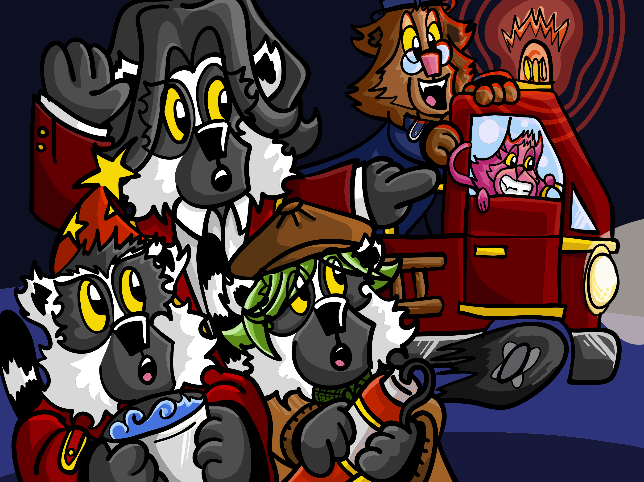 The lemurs group up to put out the fire, Indigo and Escher cat are on a fire truck. Wait, how did they get one of those!?