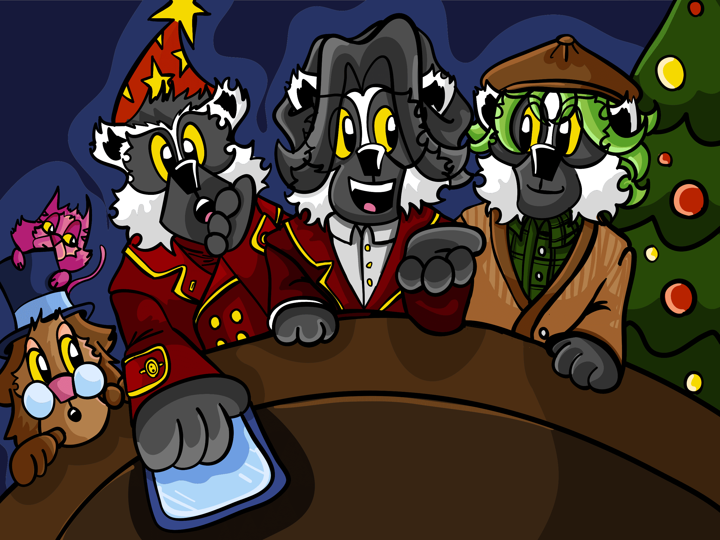 Lemurs at the table discussing things, Indigo sneaks in with Escher Cat