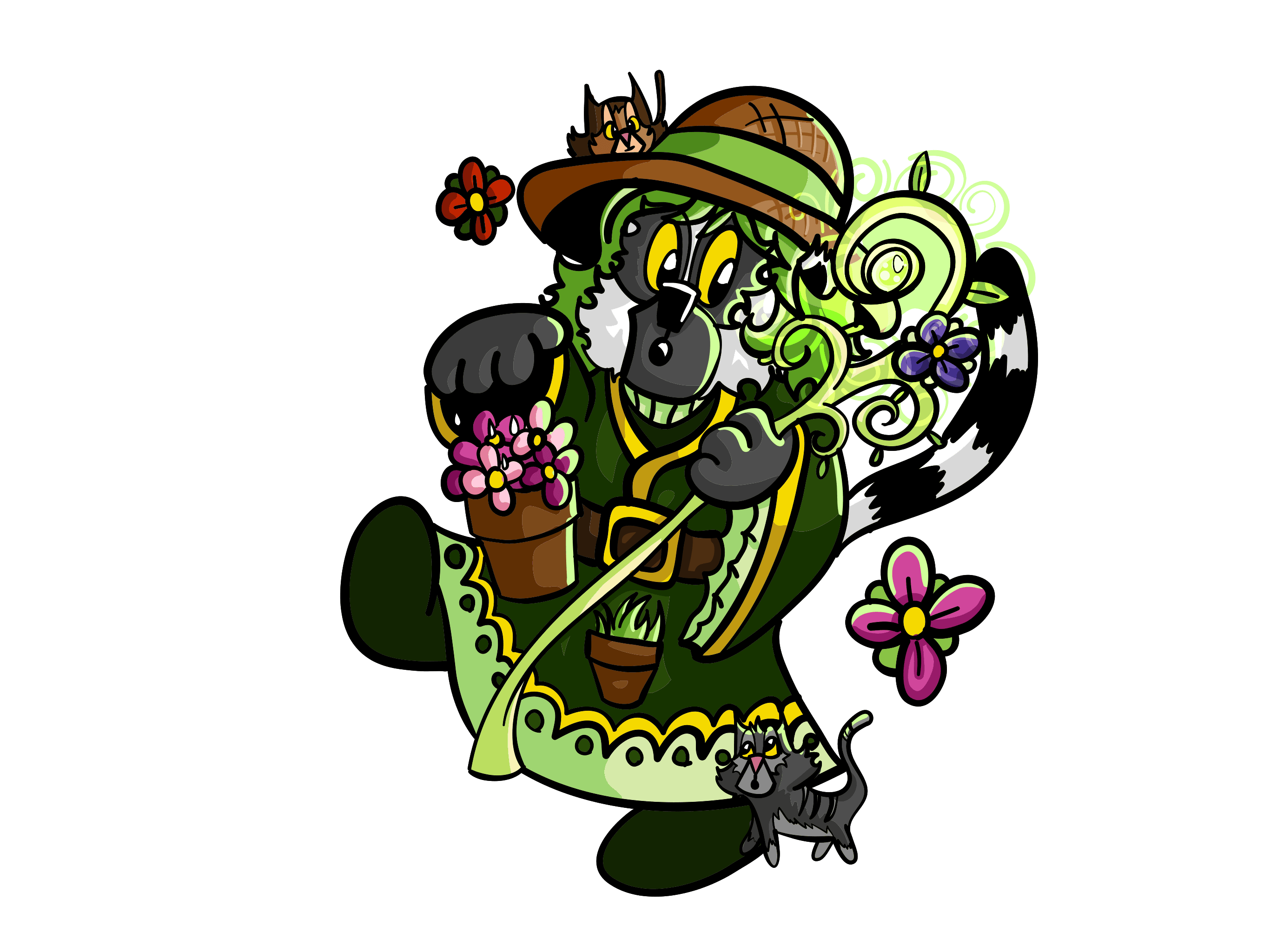 Chartreuse the lemur with her cat, watering flowers floating in the air as she walks