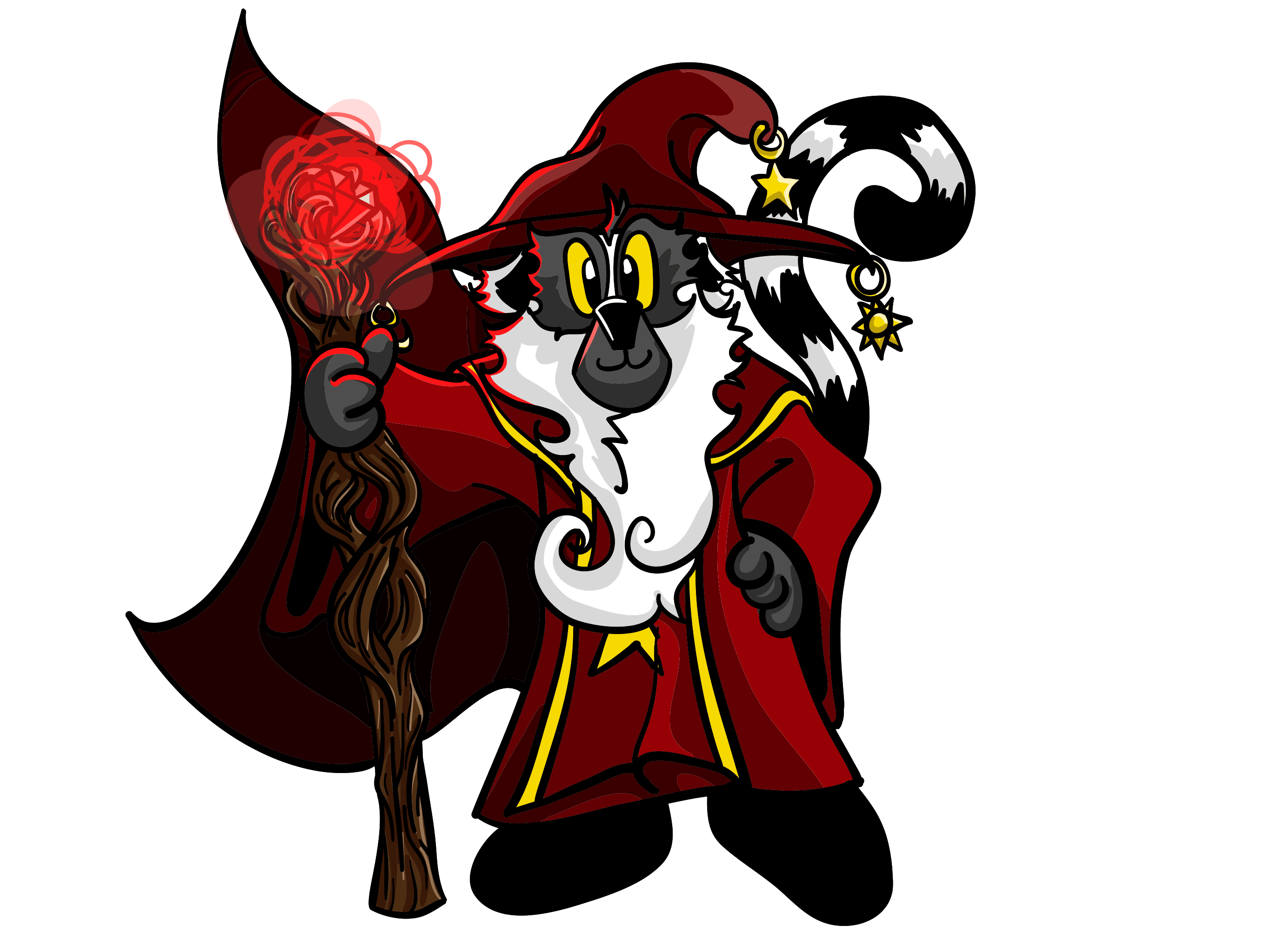 Red the Lemur dressed as a hero with a cape and a staff