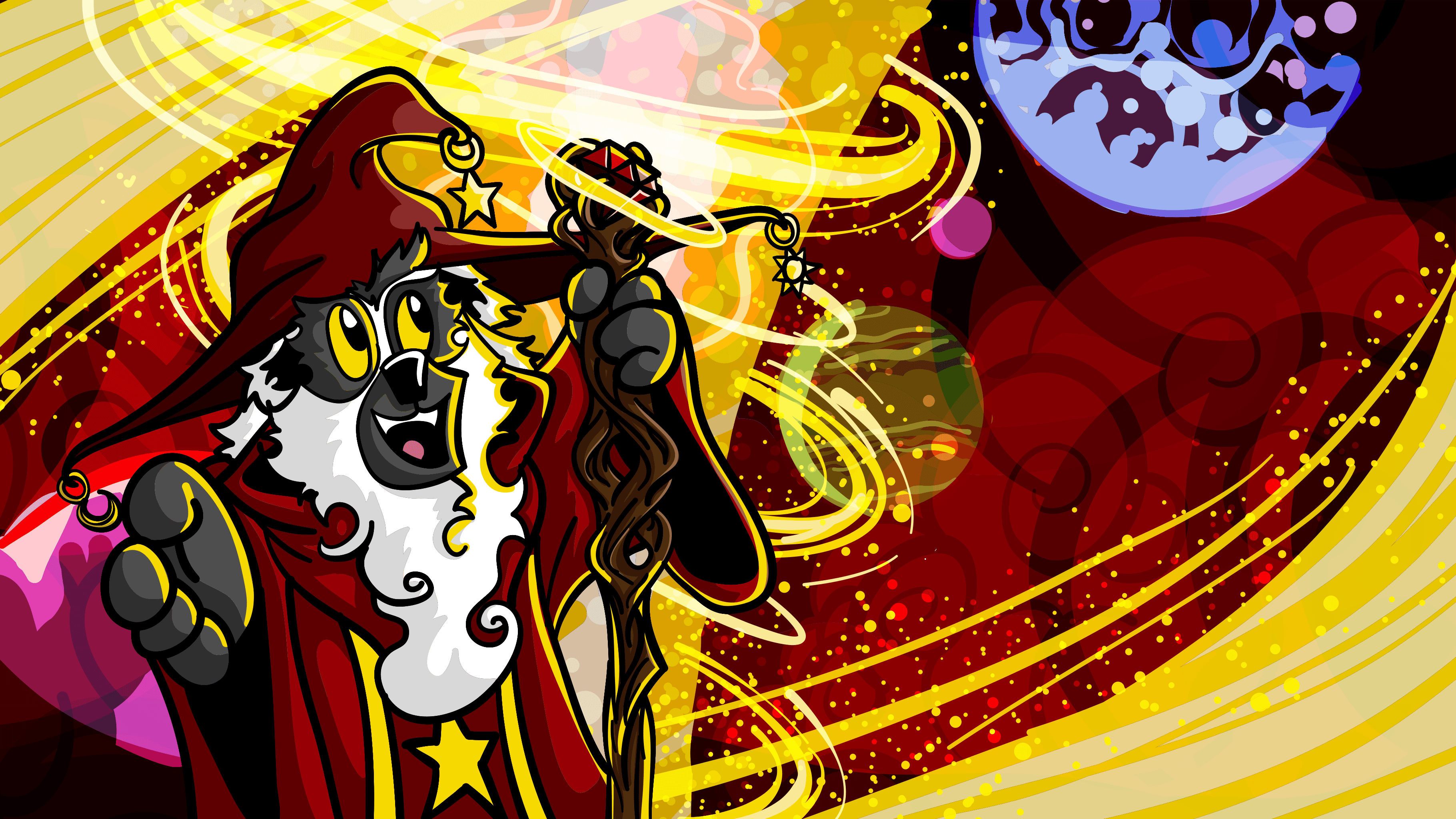 The Expert - Red the lemur surrounded in a flurry of magic power in sage-like robes, smiling
