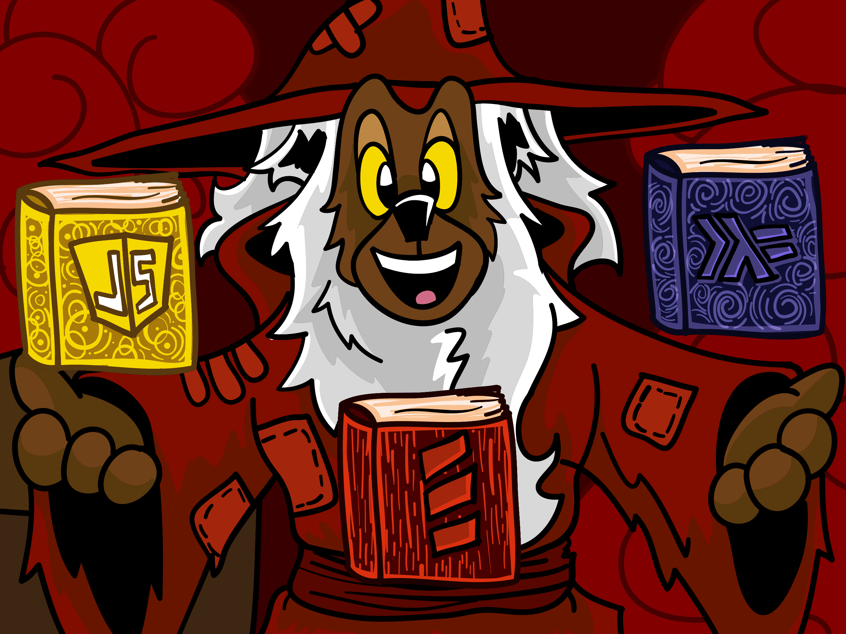 Crimson showing books of Scala, Javascript, and Haskell
