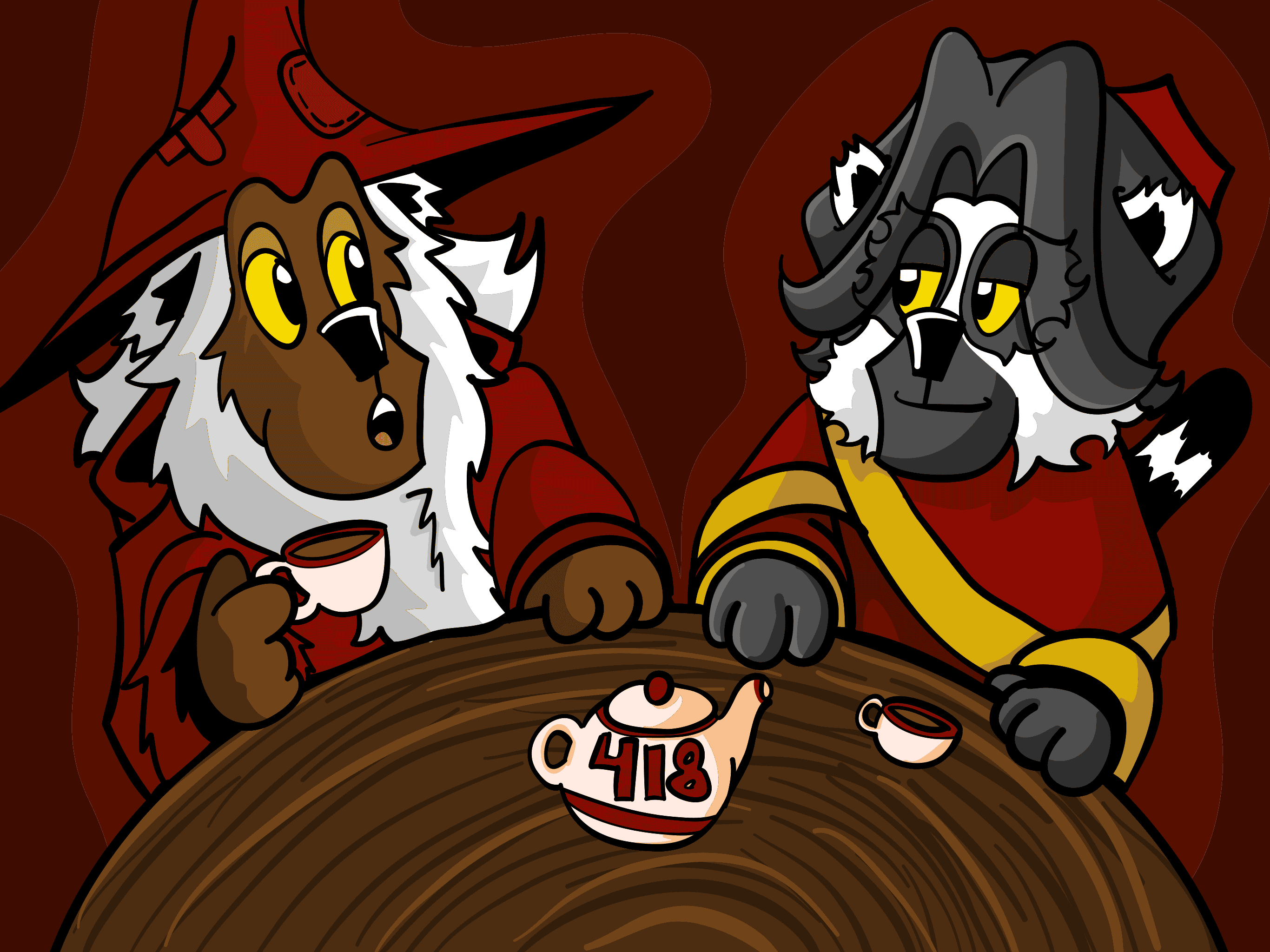 Crimson and Scarlet talking, Scarlet not amused